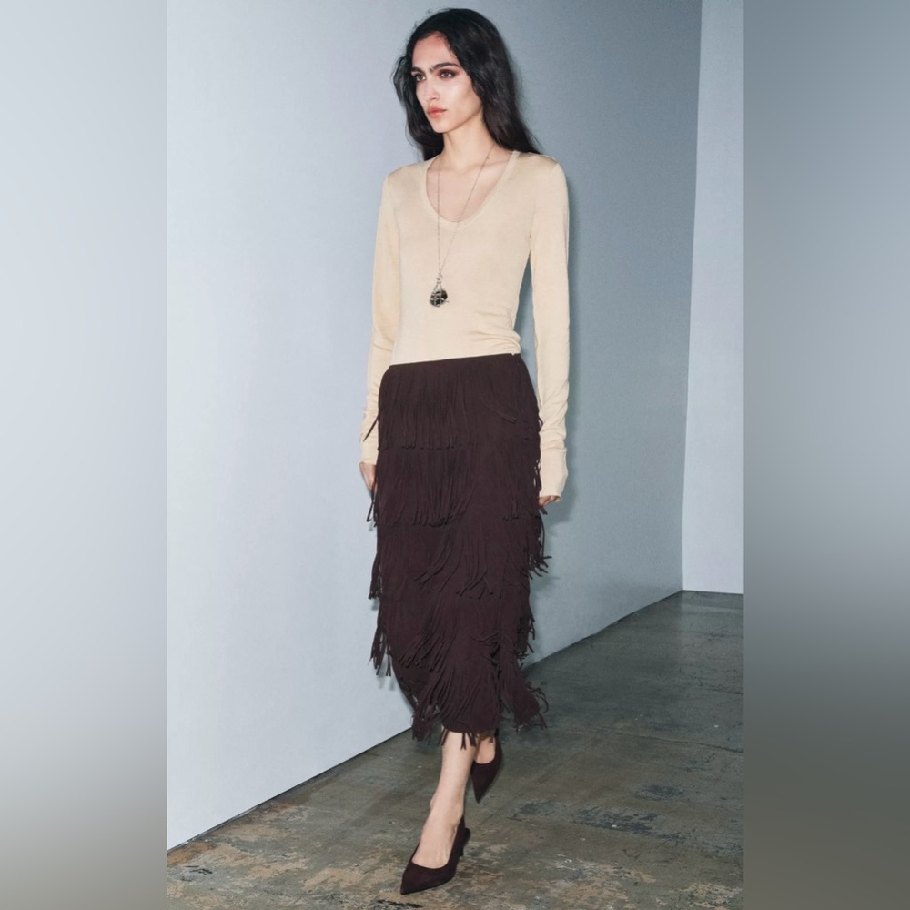NWT • Zara Brown Fringe Midi Skirt - Picture 4 of 8